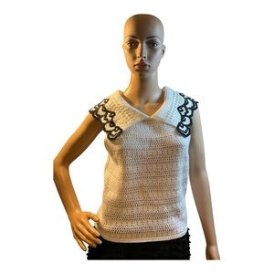 By Anthropologie Women’s White Black Collared Open-Stitch Sweater Tank Size M